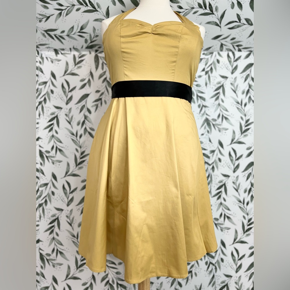 Yellow Halter Midi Dress Vintage Retro Cocktail Party Cotton Sz L 12 and M 10 #3